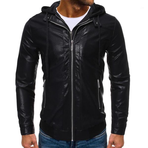

men's jacket pu leather fashion slim casual hooded jacket fake two piece splicing spring and autumn men's leather1, Black;brown