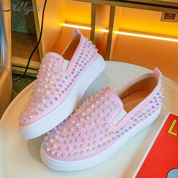 

2020 colorful low rivets studded women flats loafers round gladiator shoes pink women casual shoes slip on for, Black
