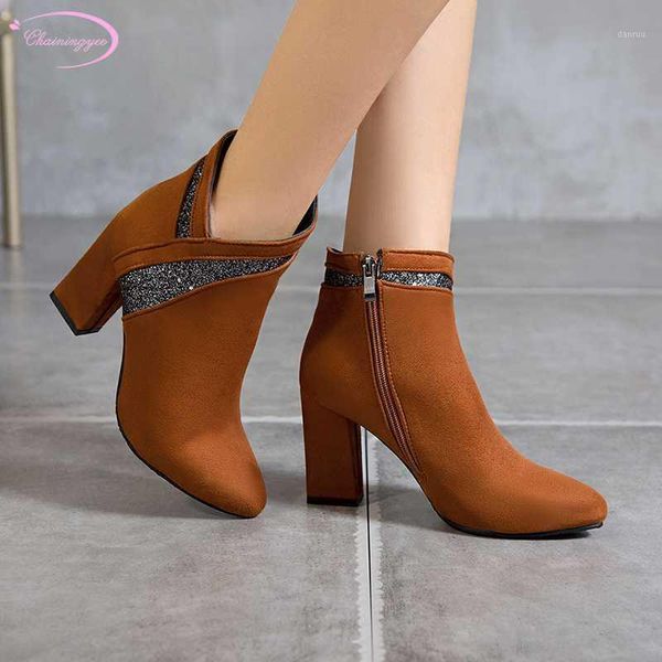 

boots party style pointed toe flock ankle crystal zipper green yellow black high-heeled chunky riding women's shoes1