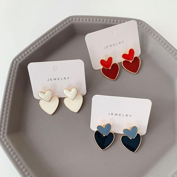 

stud fashion double heart pendant earrings for women girls classic design drop oil geometric charms ear jewelry party gifts, Golden;silver