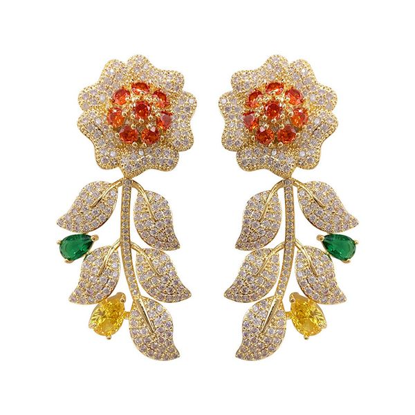 

sunflower earrings for girl colorful cubic zircon flower leaf tassel earring women fashion wedding dangler brand jewelry, Golden;silver