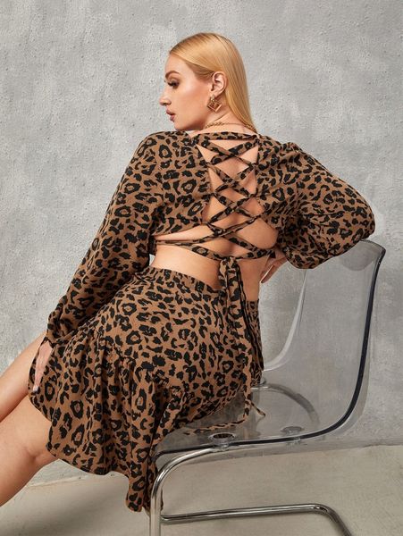 

plus leopard print lace up back lantern sleeve ruffle hem dress g9hd#, Black