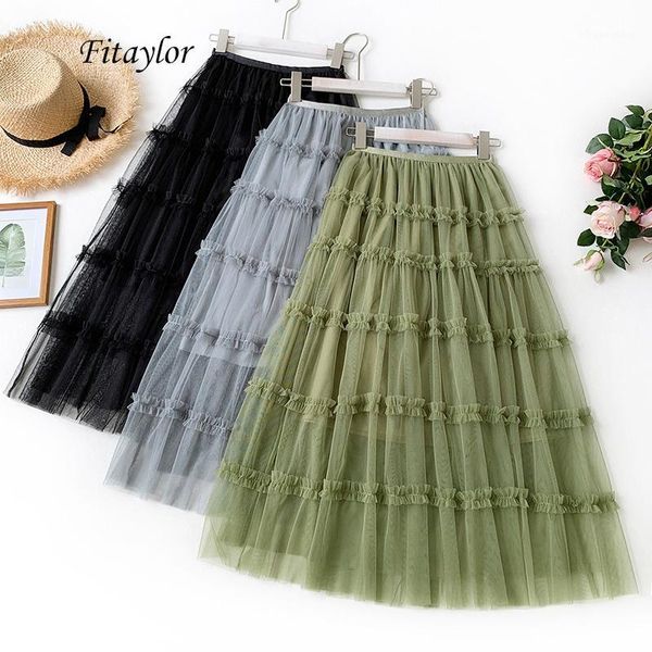 

fitaylor summer women sweet cake ruffled long tulle skirts high waist slim multicolor fairy skirt female ball gown skirt1, Black