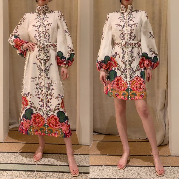 

spring new zimm retro floral stand collar high waist long sleeve linen dress, Black