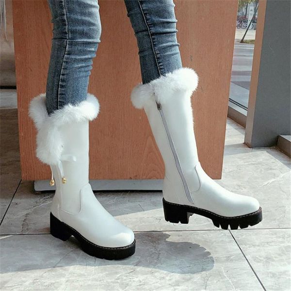 

boots pxelena fashion women thick fur snow 2021 winter warm shoes zip platform chunky block high heels mid calf boot black white