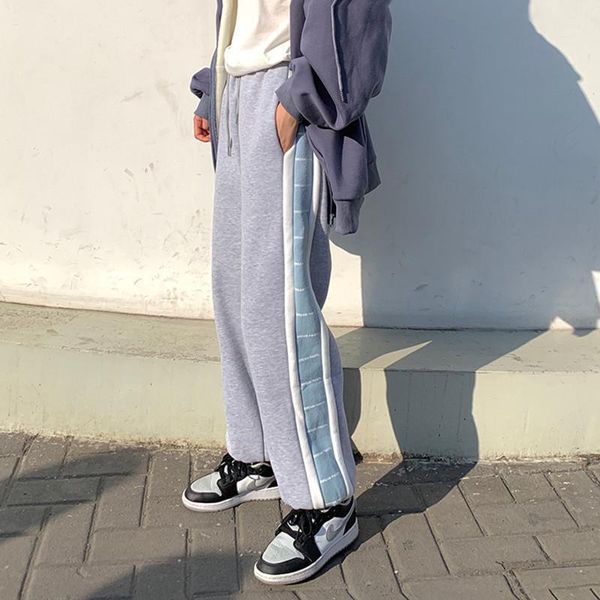 

2colors casual women baggy sport pants autumn winter 2021 side patch elastic waist trousers ladies long sweatpants (f41751, Black;white