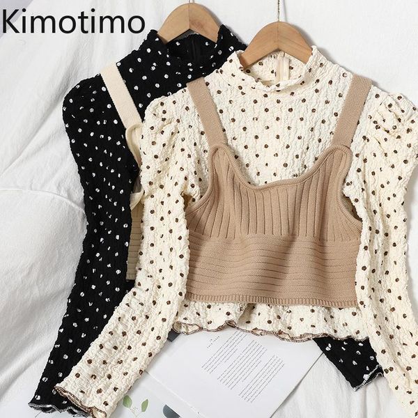 

kimotimo vest shirt women long puff sleeve pullover polka dot knitted short vest sweet vintage two piece outfits for women1, Gray