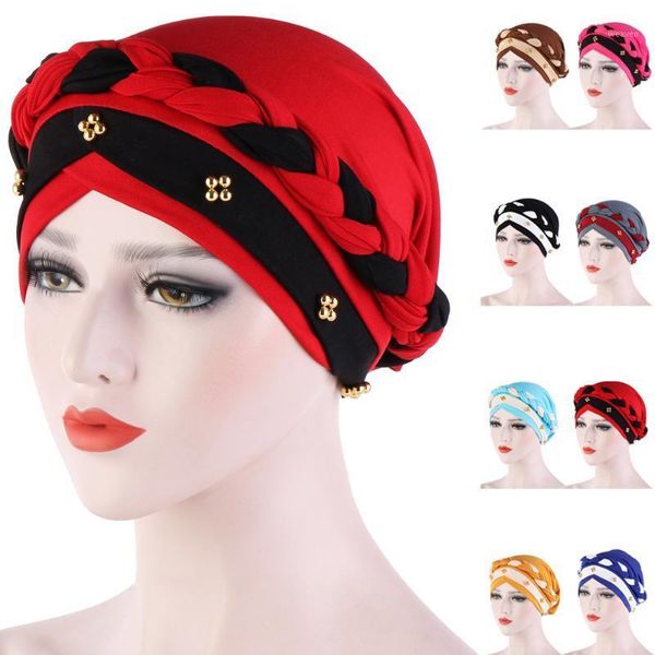 

muslim women hijab hat chmeo cap braid beads turban headscarf islamic head wear scarf wrap beanie bonnet stretch hair loss cover1, Red