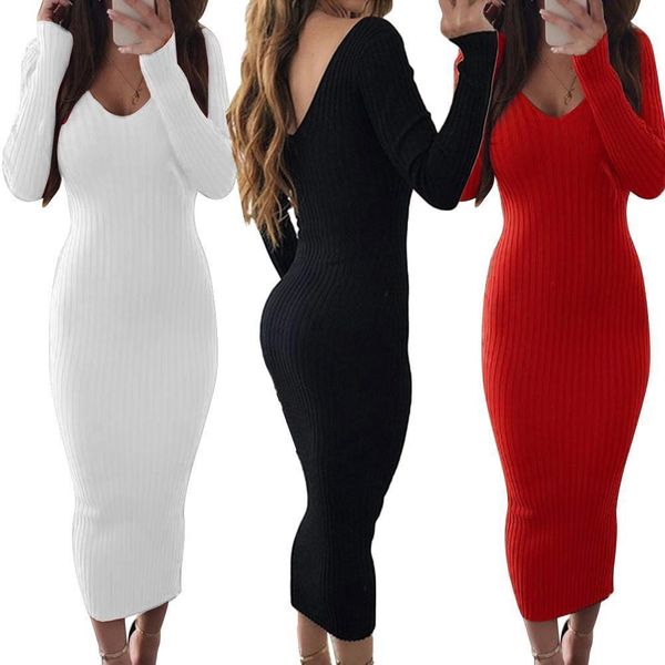 

women dress winter 2021 knit sweater long sleeve v neck backless ribbed bodycon slim knitted midi dress sweater dress, Black;gray