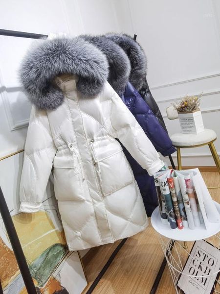 

2020 women natural fur collar hooded waterproof shiny white duck down coat long parka female feather snow outwear jacket s461, Black