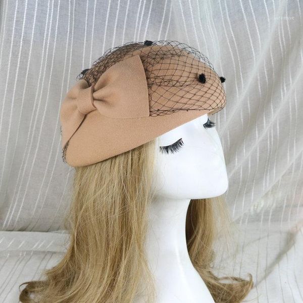 

elegant women wool beret hat gauze bow airline stewardess hat women's fedora caps formal lady royal style1, Blue;gray