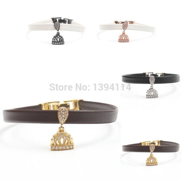 

charm bracelets micro pave clear cz crown stringed 8*1mm leather cord fold over clasp bracelet jewelry approx 8 inch, Golden;silver