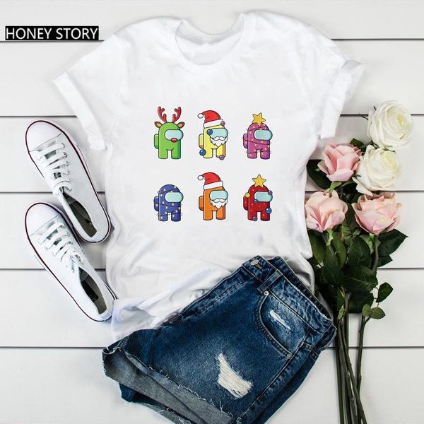 

video game among us christmas cartoon print women t-shirt summer funny anime tshirt harajuku kawaii female t-shirt, White