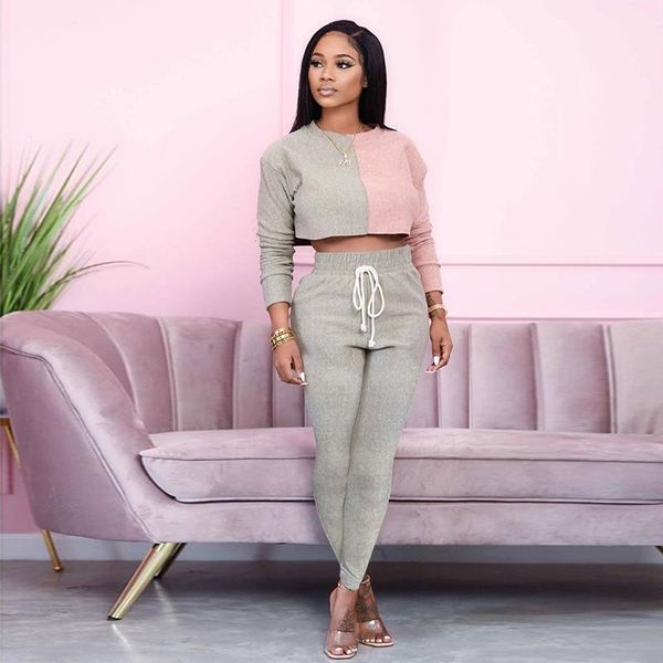 

tnnaoff fall patchwork two piece tracksuits women set long sleeve t shirt fashion lace up pants streetwear matching sets, Gray