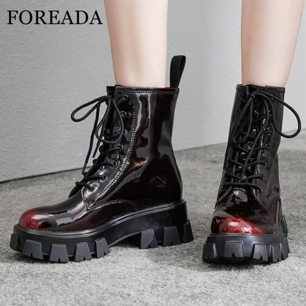 

foreada motorcycle boots woman real leather ankle boots platform high heel shoes lace up chunky heel female short wine red, Black