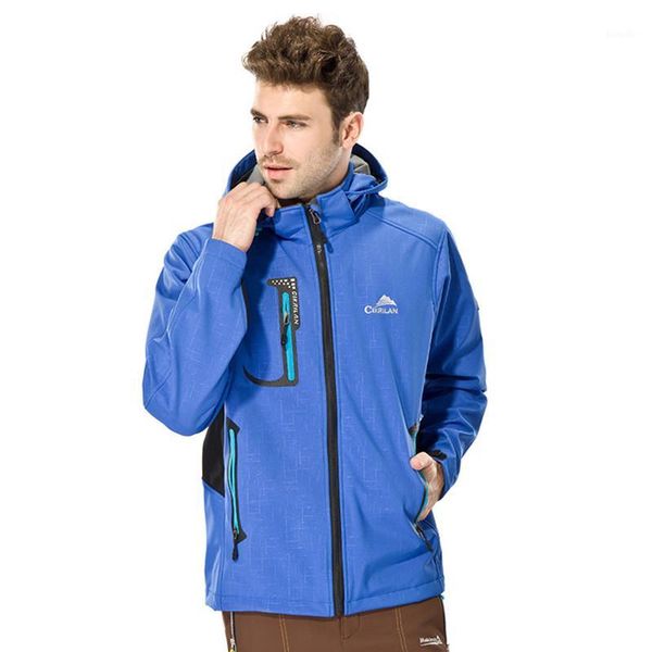 

men outdoor sport softshell hooded jacket waterproof windproof plus velvet keep warm hiking camping cycling fishing hunting coat1, Blue;black