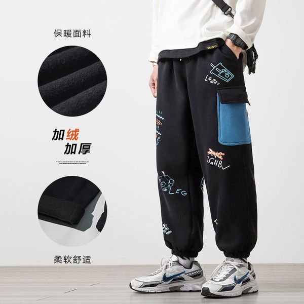 

2021 new winter cartoon male sweatshirt big 5xl plus velvet printed black korean-style pants in the fashion zrvk