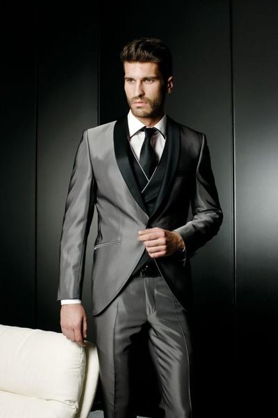 

2020 latest designs gray satin groom tuxedo black shawl lapel blazer slim fit mens wedding prom dress suits(jacket+pants+vest, White;black