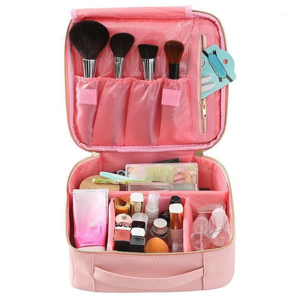 

storage bags bag makeup leather zipper multiple slot waterproof portable travel cosmetic big capacity wash pink/white1