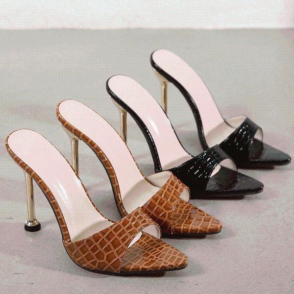 

ltarta 2021 spring and summer new super high heel metal heel pointed fish mouth snake pattern sandals zl-769-21, Black