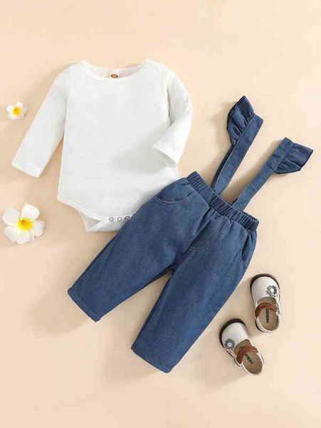 

baby solid bodysuit & ruffle trim denim overalls she, White