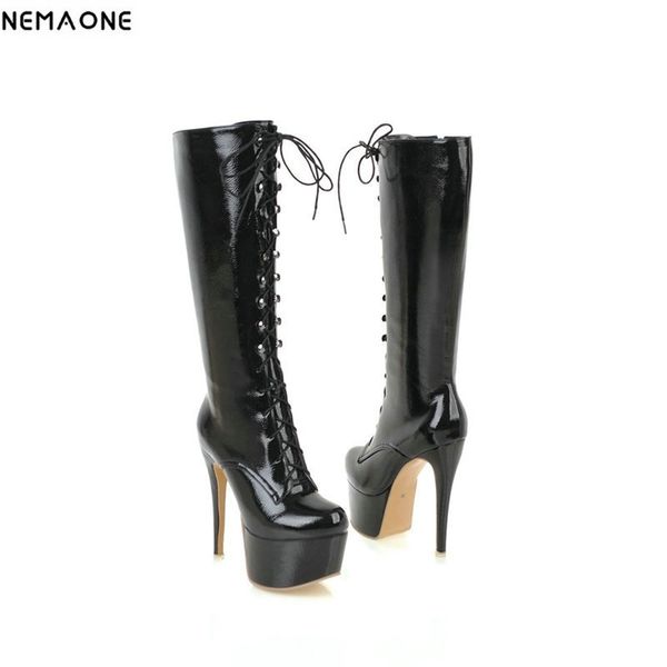 

nemaone 14cm super high heels knee high boots woman rouned toe platform black white red lace up ladies boots party shoes woman y200723