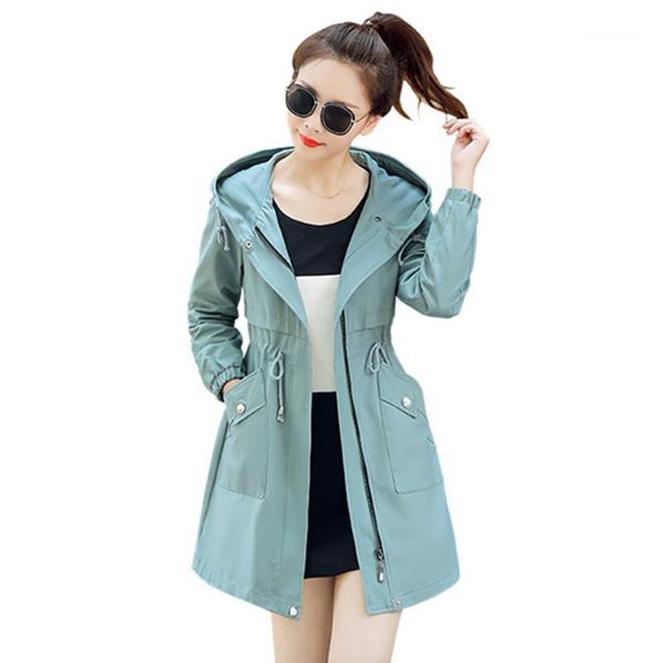 

2020 spring autumn women's hooded loose trench coat long sleeve pleated zipper windbreaker outerwear female casual overcoat m1871, Tan;black