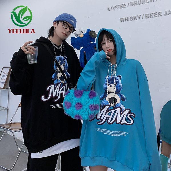 

couple's hoodie cartoon bear printed men's clothes 2020 winter oversized harajuku student sweatshirt pure cotton c1115, Black;white