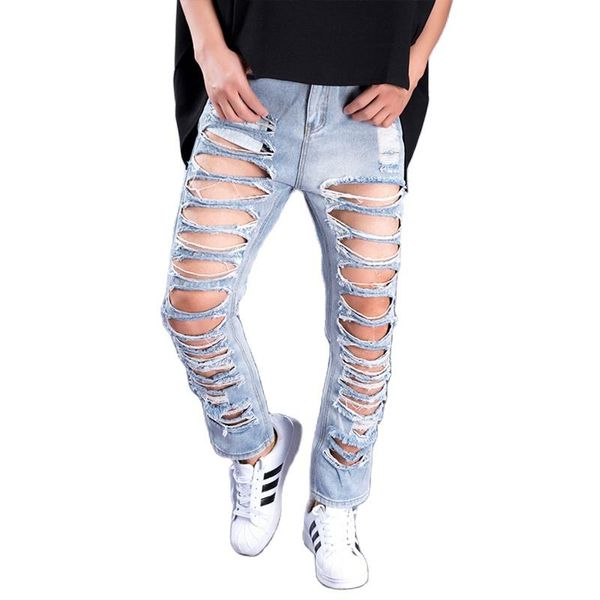 

men's jeans european and american summer ripped nine minute pants slacks men's ripped jeans high street hip hop british big size, Blue