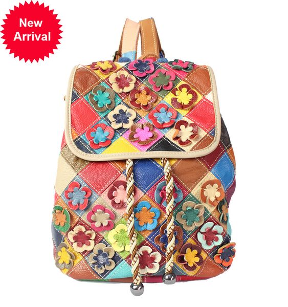 

2021 women's multi-color cross flower chess bags lady rainbow backpacks colored shoulder genuine leather girl school bag l7vh