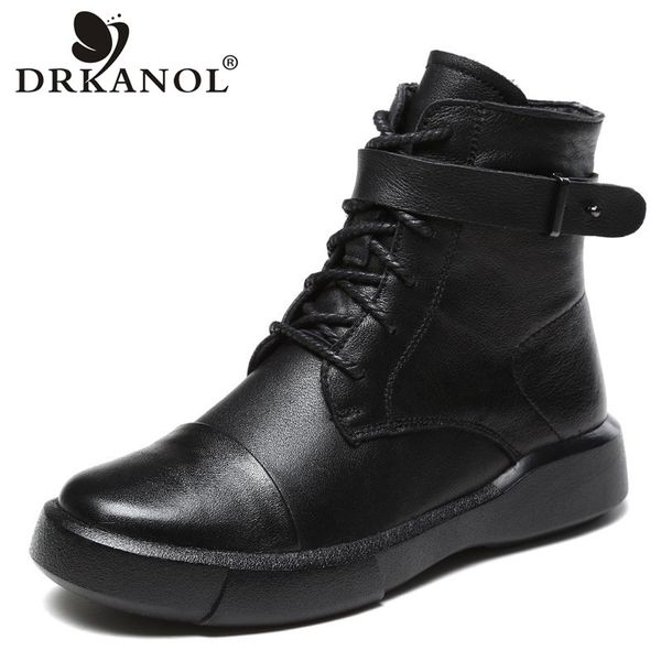 

drkanol autumn winter 100% genuine leather ankle women casual shoes round toe cowhide flat short boots female t200425, Black