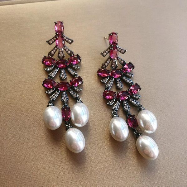 

bilincolor red cz white pearl long vintage tassel earring for women, Silver