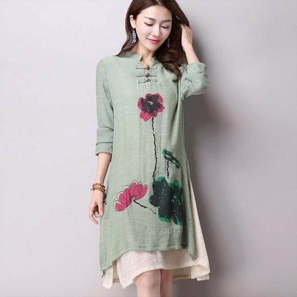 

new spring womens national wind casual long sleeved cotton linen dress plus size long linen dresses simple printing cx002 designer clothes, Black;gray