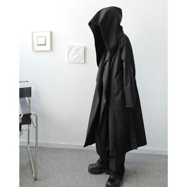 

men long cardigan hooded trench coat male women japan harajuku streetwear gothic loose wizard cloak trench jacket outerwear, Tan;black