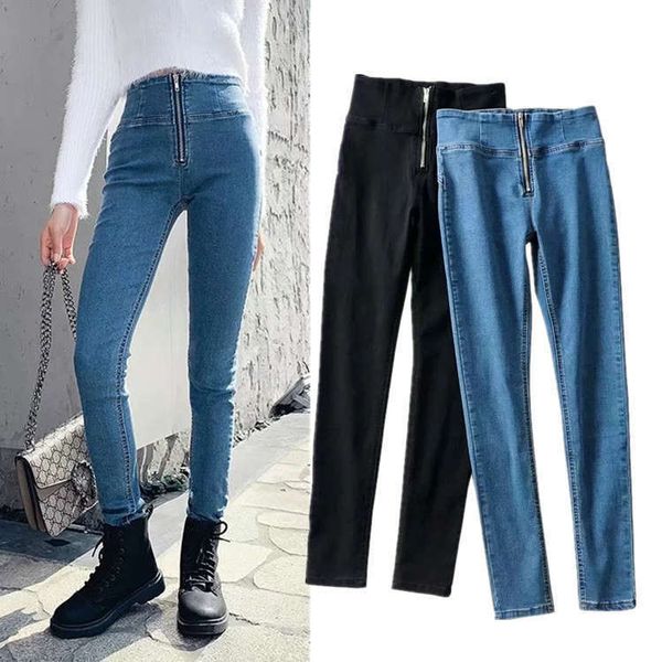 

spring and autumn 2020 big zipper elastic slim pants, Blue
