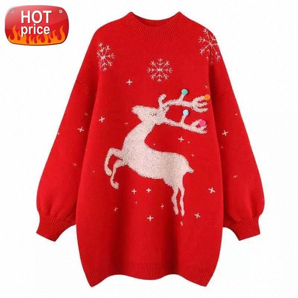 

Pullover Women Autumn Winter Christmas Sweater Ladies Knitted Jumper Pullover Women Sweater Snowflake Print Sweaters Pullovers #Wf6l, White