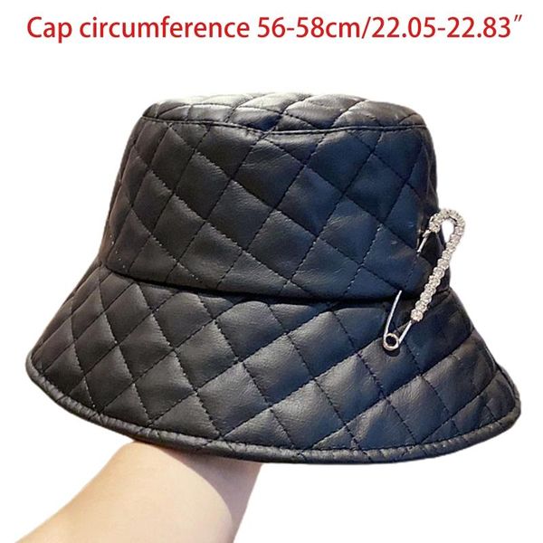 

wide brim hats diamond pattern faux leather bucket hat solid color rhinestone pin fisherman cap 77he, Blue;gray