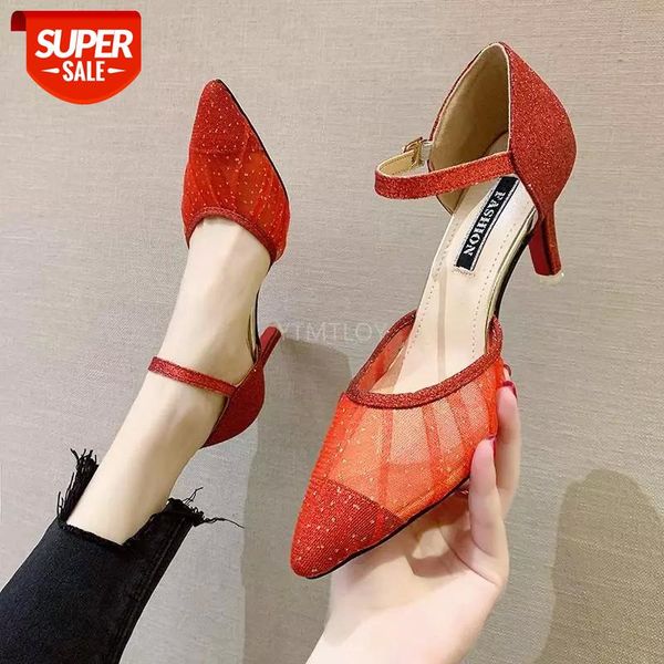 

bling wedding breathable mesh pointed toe woman pumps thin high heels sandals 2021 zapatos rojos mujer #mc7c, Black