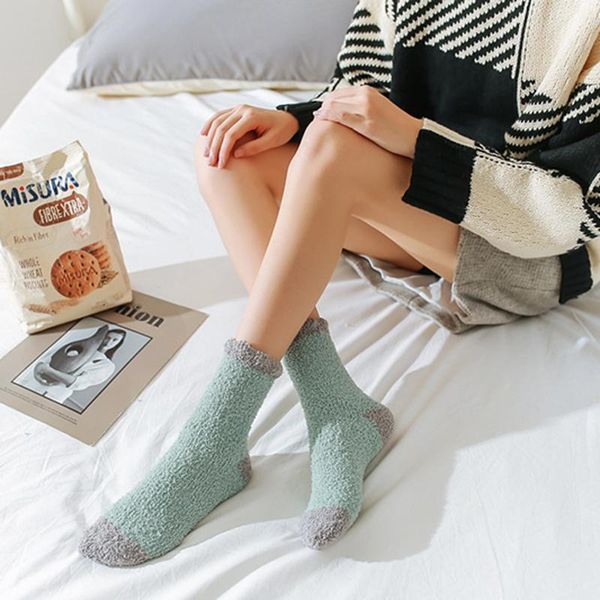 

coral fleece winter mid socks warm cold resistance plus velvet thick socks kawaii candy color cotton floor sleep, Black