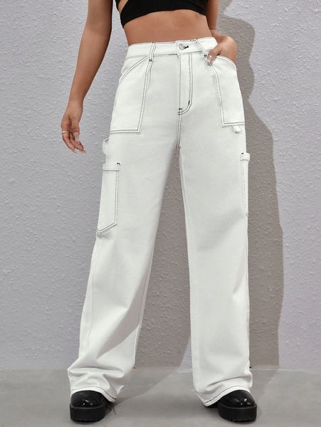 

high waist solid cargo jeans h8pw#, Blue