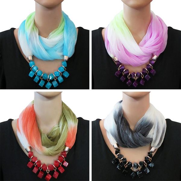 

unique gradient head scarves printing pattern chiffon beads scarf statement maxi jewellery necklace multi-colors women muffler pendant neckl, Silver