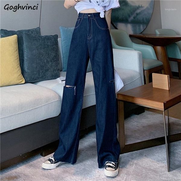

jeans women hole high waist baggy streetwear vintage ripped wide leg chic solid fashion korean style mopping simple trousers new1, Blue