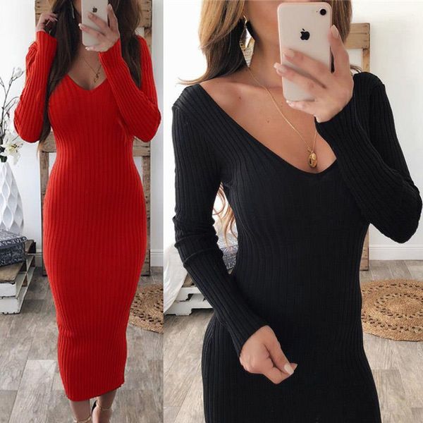 

women knitted sweater dress autumn deep v neck midi bodycon dress black red long stretchy knitted winter dress, Black;gray