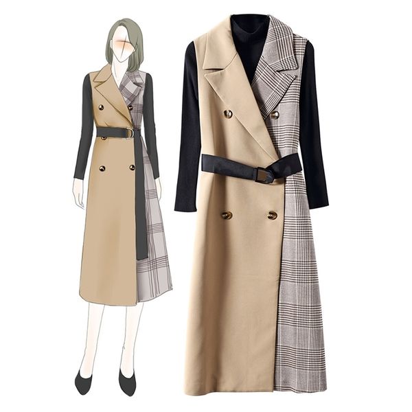 

2019 autumn winter long sleeve knitted + sleeveless houndstooth belted double-breasted mid-calf dress two piece 2 pieces set n149101913, Black;gray