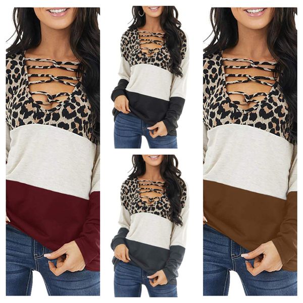 

leopard criss cross hollow out t-shirt women v neck patchwork t shirt long sleeve blouse pullover tshirt lady sweatshirts e111702, White