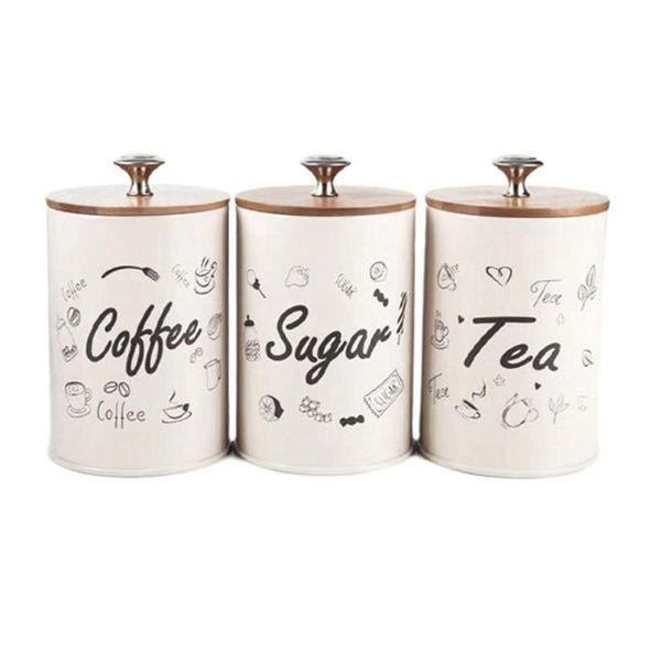 

3pcs Wood Lid Iron Airtight Canister Kitchen Storage Bottles Jars Container Coffee Sugar Beans Grains Candy Jar 28GF