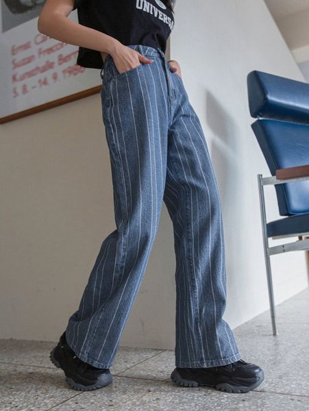 

dazy striped print high waist slant pocket jeans p1fz#, Blue