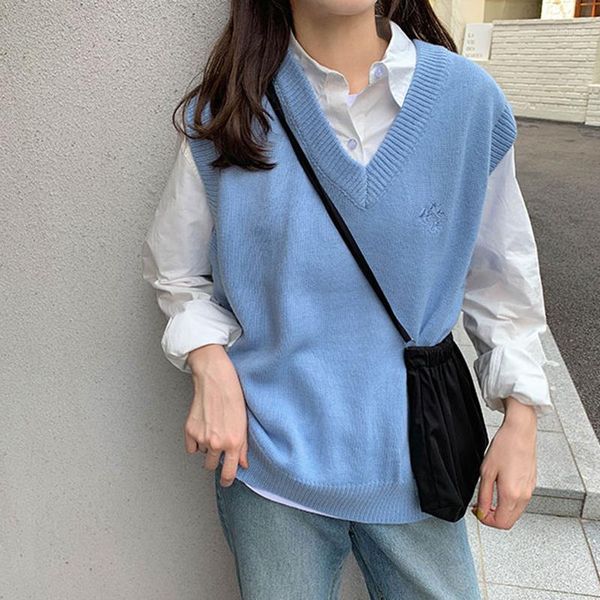 

blue sleeveless tank sweaters women vintage v-neck harajuku jumpers embroidery outwear autumn winter pullovers japanese x2841, Black;white