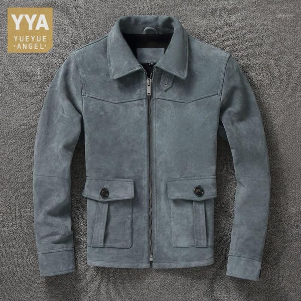 

autumn mens vintage genuine leather coats slim fit turndown collar zip cowhide short jackets british men motorcycle jacket1, Black