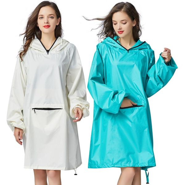 

women's stylish waterproof rain poncho cloak raincoat with hood sleeves and big pocket on front. wmtnfc